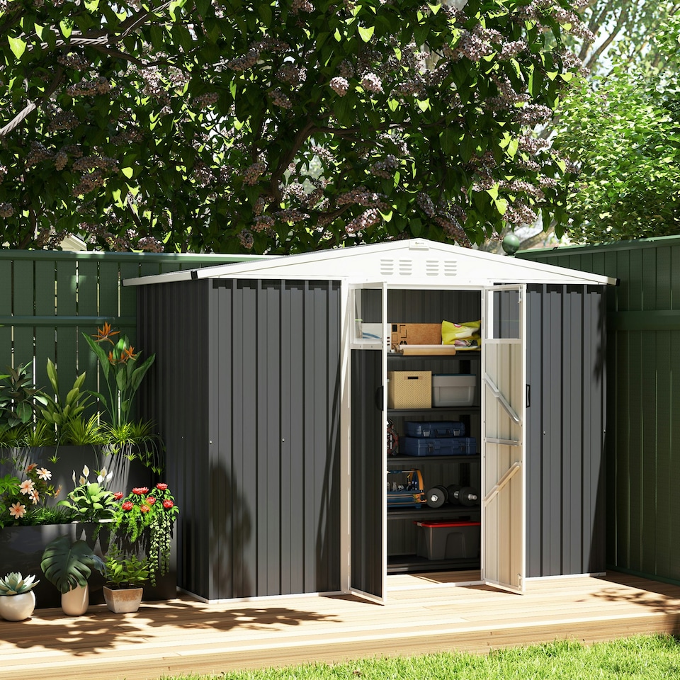 image 1 of Outsunny 8 x 4 ft Garden Storage Shed, Outdoor Metal Shed, Dark Grey Grey | Dark Grey
