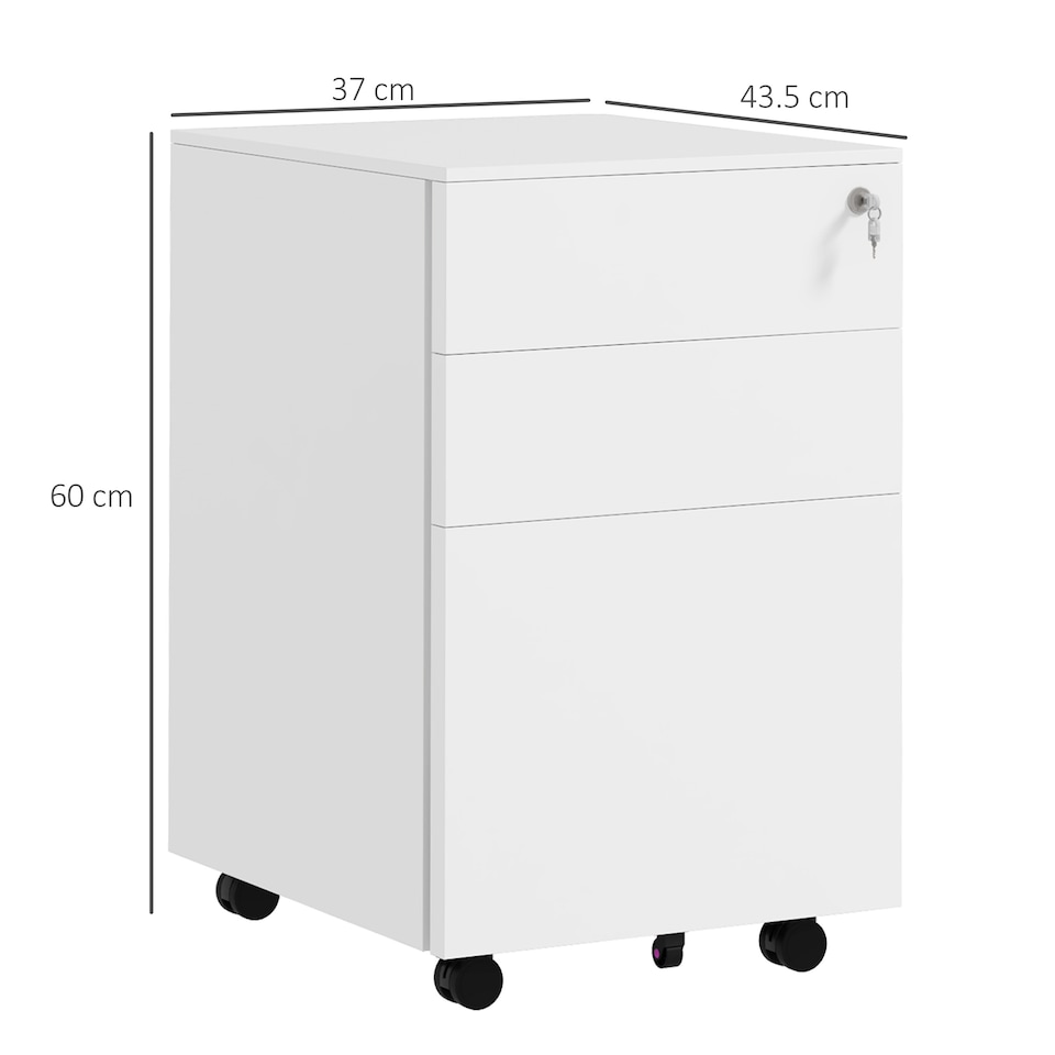 image 1 of Vinsetto 3-Drawer Vertical Filing Cabinet with Pencil Tray, Lock and 5 Wheels, Steel Mobile File Cabinet, for A4, Legal and Letter Size, Pre-Assembled Body, White