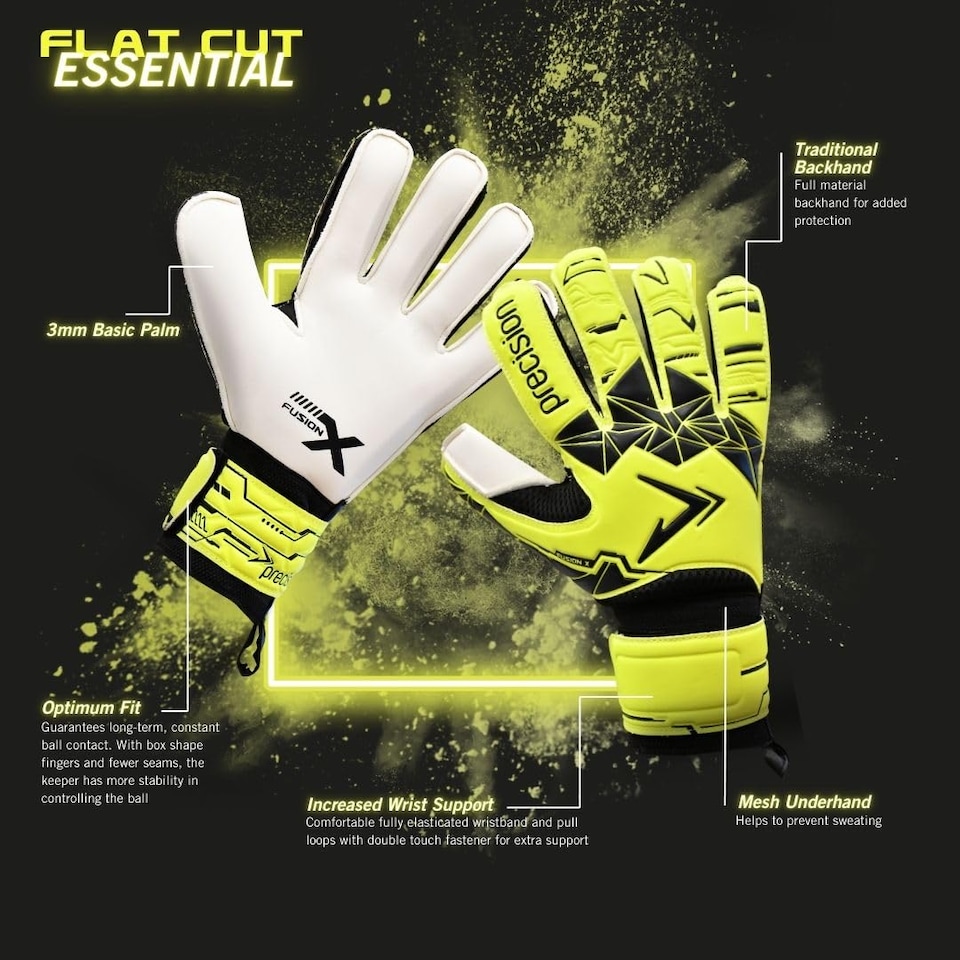 image 1 of Precision Training Fusion X Flat Cut Essential Football Kid's Goalkeeper Gloves, Fluo Yellow, 2