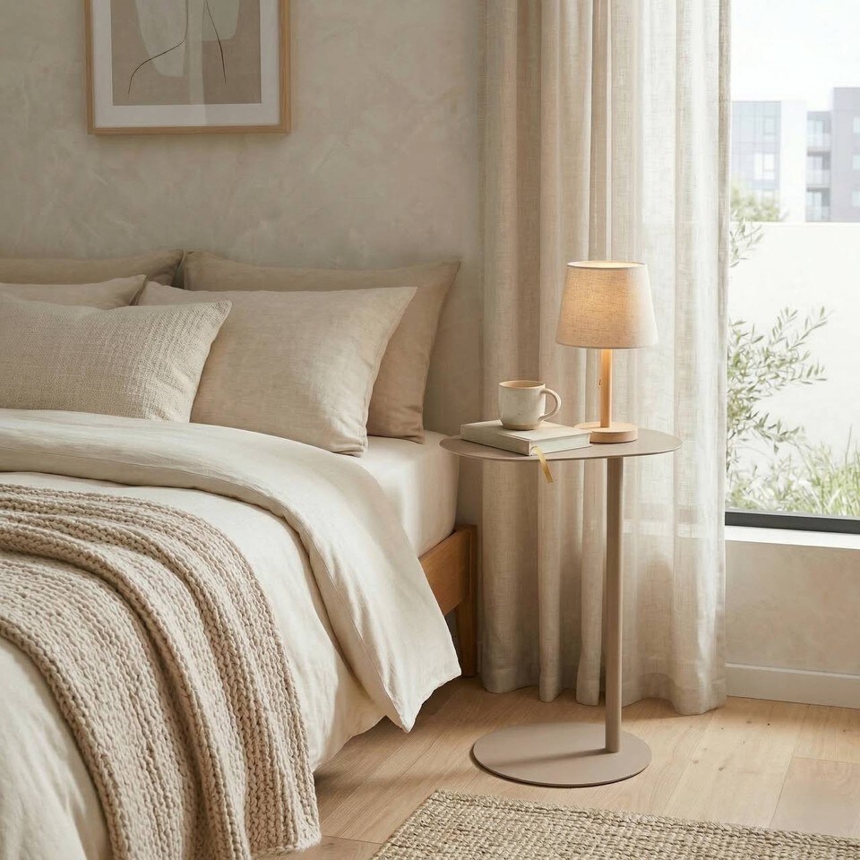 image 1 of Metal Side Table Modern Pedestal Nightstand Lightweight Construction | Multi | Beige | 1