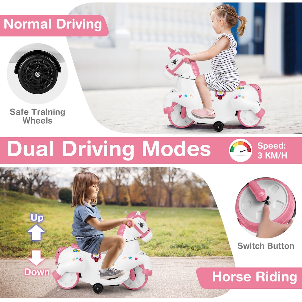 image 1 of COSTWAY 12V Unicorn Ride on Toy Ride on Pony Motorcycle Pink