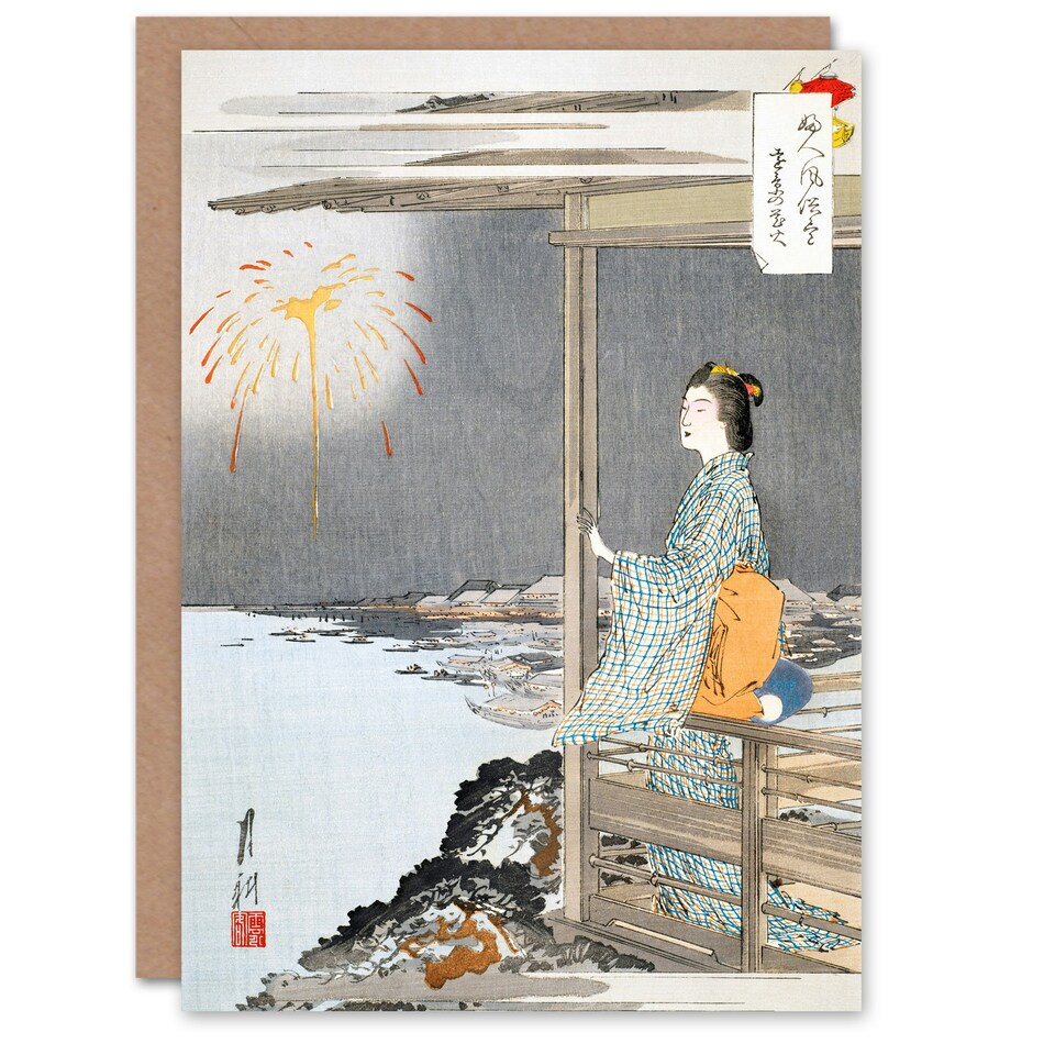 image 1 of Ogata Gekko Japanese Art Card Woman Watching Fireworks