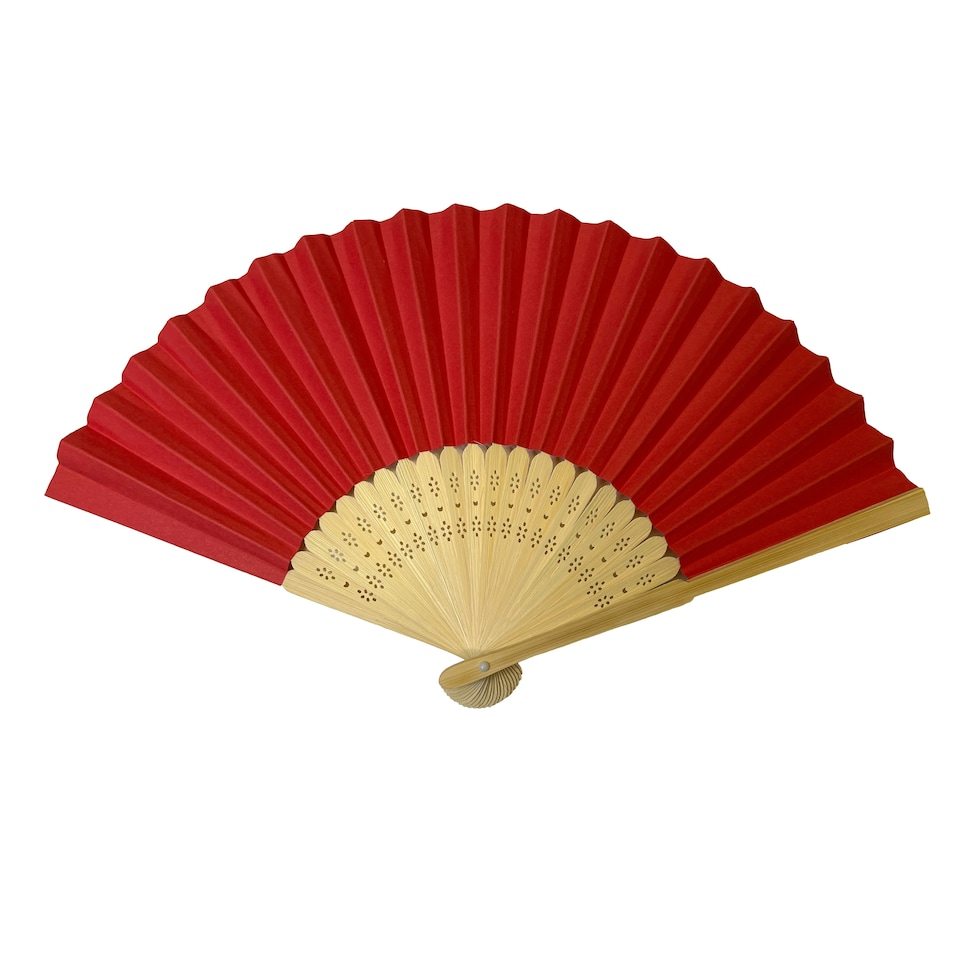 image 1 of Red Paper Foldable Hand Held Bamboo Wooden Fan by Parev