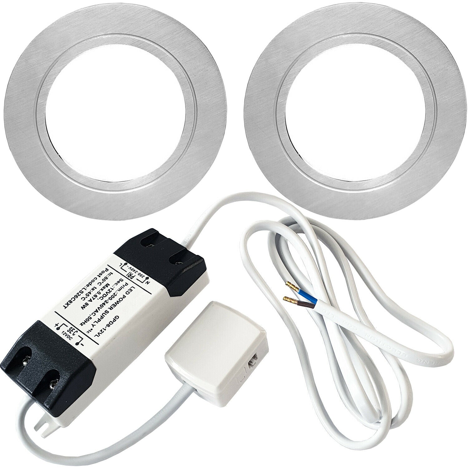 Loops 2x BRUSHED NICKEL Round Flush Under Cabinet Kitchen Light & Driver Kit - Natural White LED in Metallics