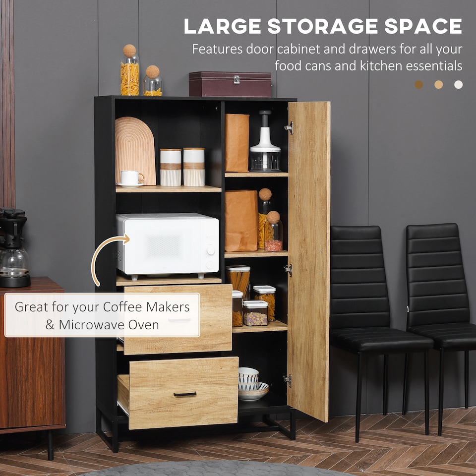 image 1 of HOMCOM 160cm Tall Kitchen Cupboard, Kitchen Pantry Sideboard with 2 Open Shelves, 2 Drawers, Adjustable Shelves and Soft Close Door, Storage Cabinet for Living Room, Dinning Room, Natural Wood Finish