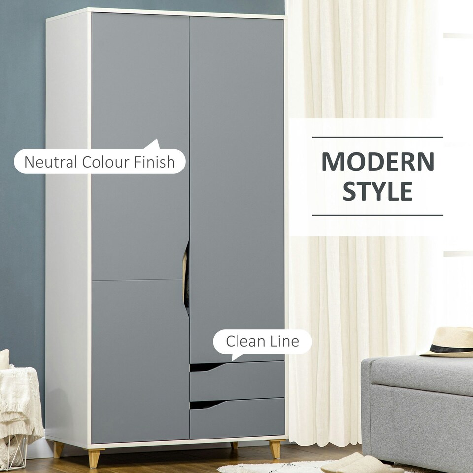 image 1 of HOMCOM 2 Door Wardrobe with Drawers, Hanging Rail, Shelves