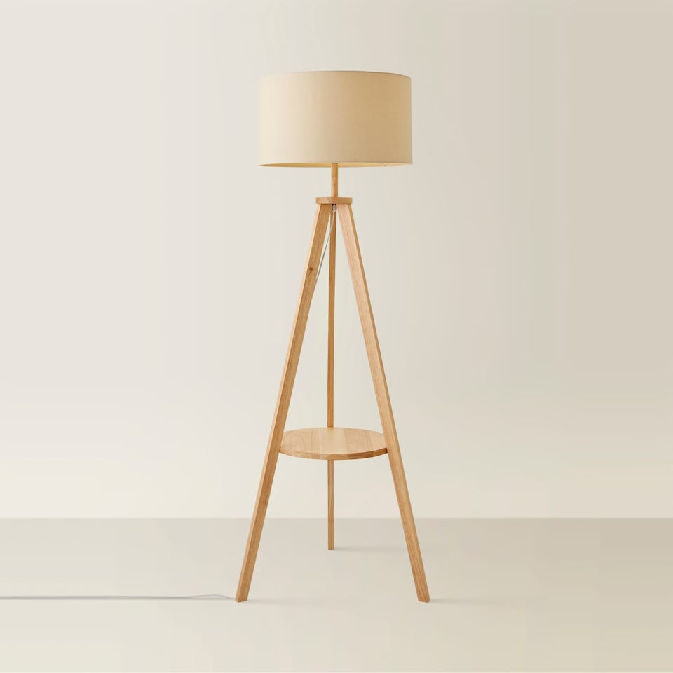 image 1 of ValueLights Morrigan Natural Shade Wood Tripod Floor Lamp | Cream