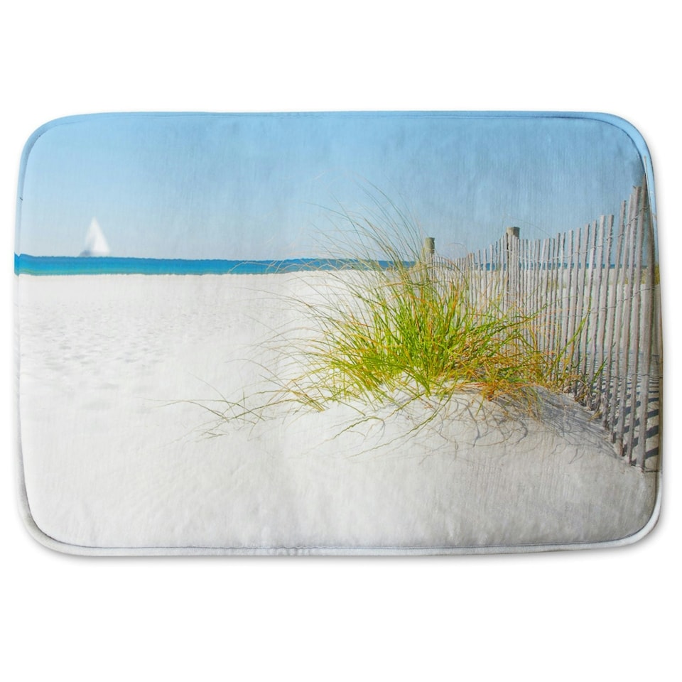 image 1 of Beautiful sand dune fence by sea grass with sailboat on horizon (Bathroom Set)