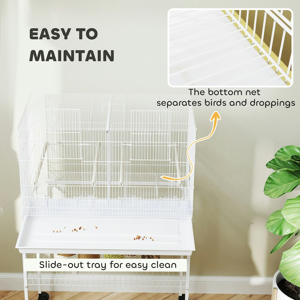 image 1 of PawHut Bird Cage with Divider, 4 Wooden Perches, Slide Out Tray, White