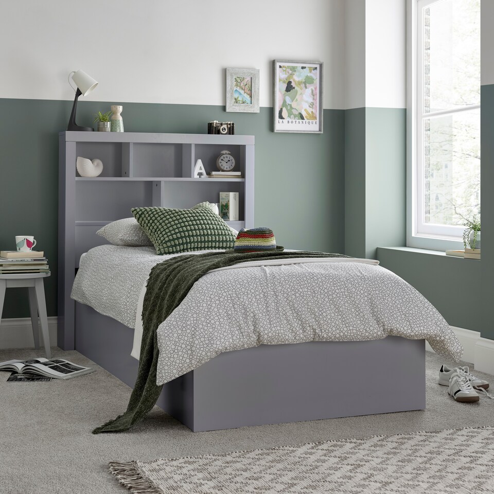 image 1 of Oscar Grey Wooden Bookcase Ottoman Storage Bed Single