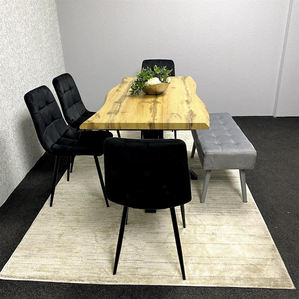 image 1 of Dining Set Of 6 Dining Table Set with 4 black Velvet Chairs And 1 Grey Bench Dining Room Furniture