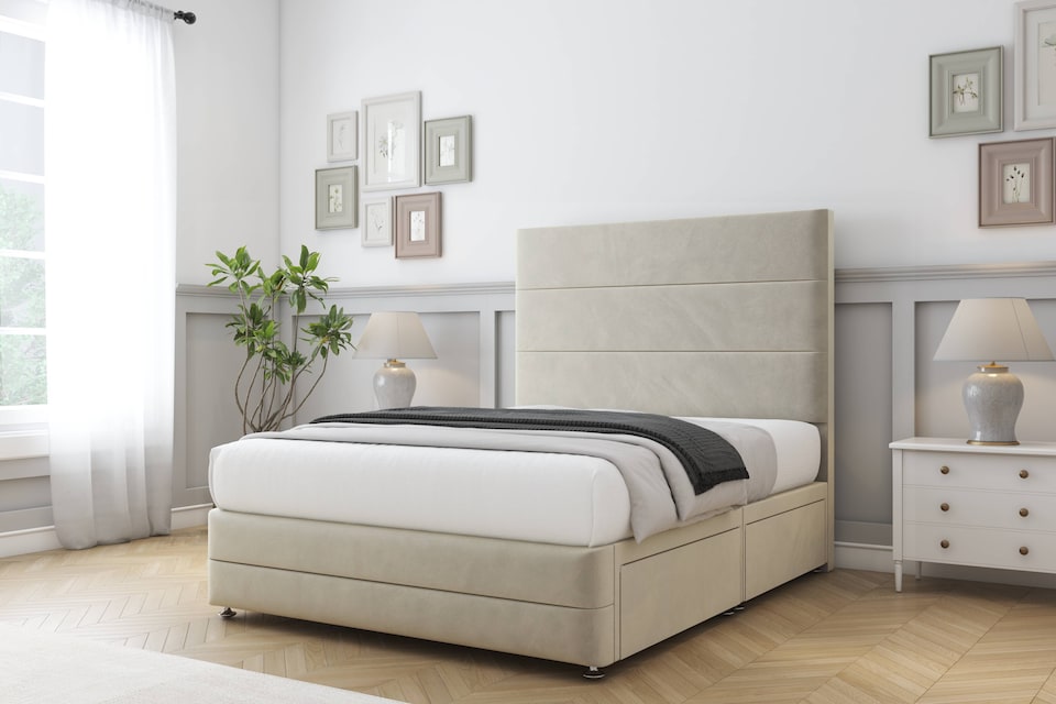 image 1 of Sloomy Monaco Cream Plush Divan Bed Base 2 Drawers Left Side With 54 Inch Floor Standing Headboard & 12 Inch Matching Footboard | Cream | Cream | Double | 1