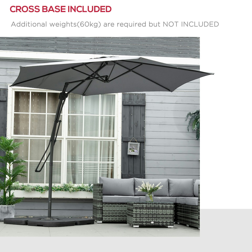 image 1 of Outsunny 3m Cantilever Parasol with Easy Lever Crank Handle 6 Metal Ribs Grey