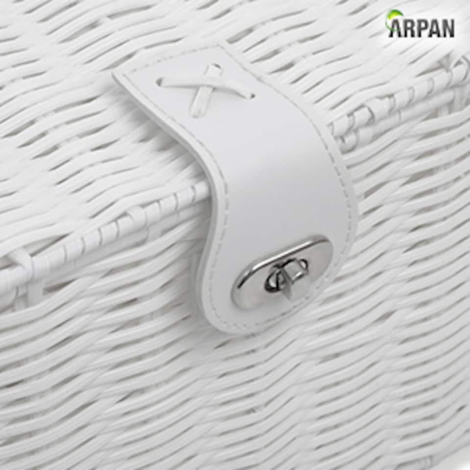 image 1 of Resin Woven Storage Basket with Lid & Strap Lock – White Hand Woven Storage Box on Metal Frame with Handles – Multipurpose Storage Basket for Bedroom, Bathroom, Nursery & Utility Room