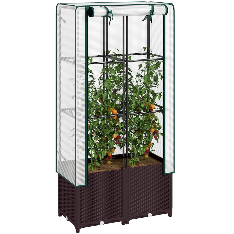 image 1 of Outsunny Plastic Vegetable Planter with Trellis, 80 x 40 x 140 cm | Brown | Brown