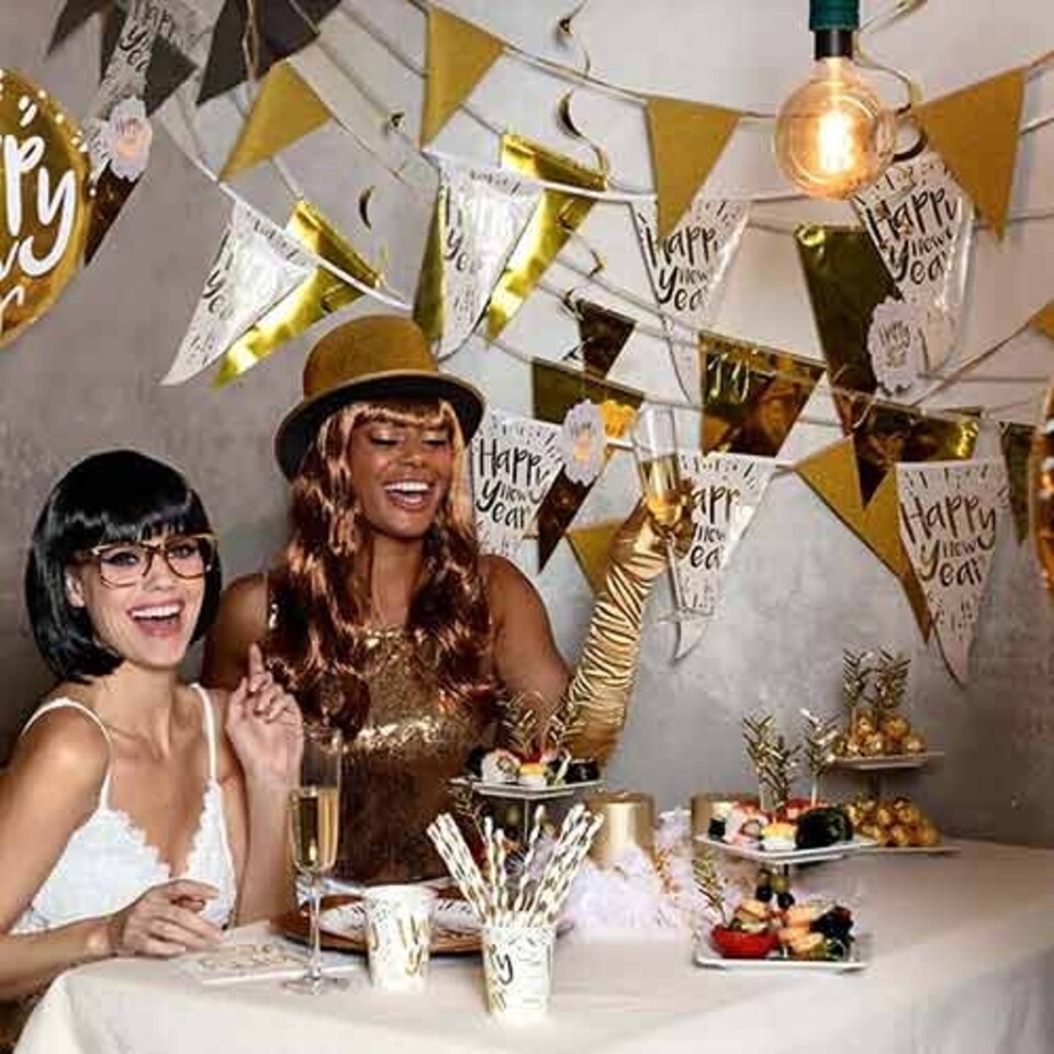 image 1 of Happy New Year White and Gold Biodegradable Round Paper Plates 23cm - Pack of 10