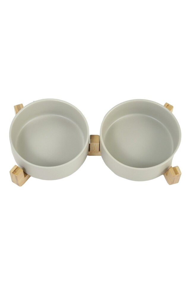 image 1 of Living and Home Double Ceramic Cat Bowl with Bamboo Stand ,Grey