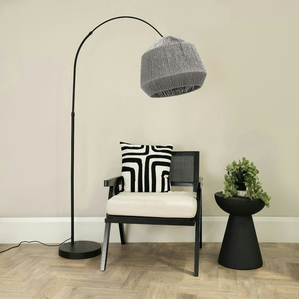 image 1 of ValueLights Louis Black Arched Curved Floor Lamp with Grey Rope Dome Lamp Shade