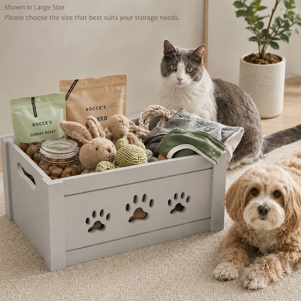 image 1 of Paw Shaped Cutout Dog Toys Chest Gift Hampers Storage Collection Box Wooden Crates Gift Hampers (Grey, Small)