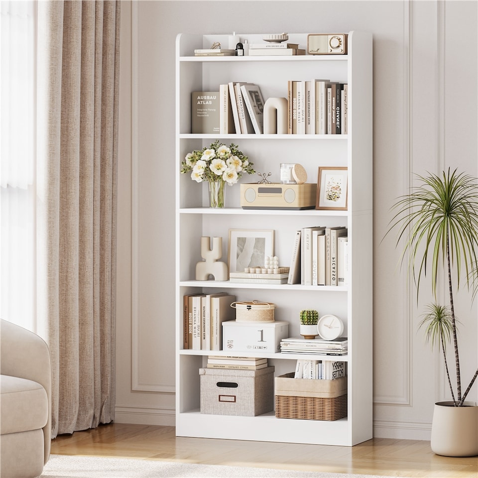 image 1 of Yaheetech Simple Wooden Bookshelf with Top Open Compartment | White | 60x24x160 cm | 1