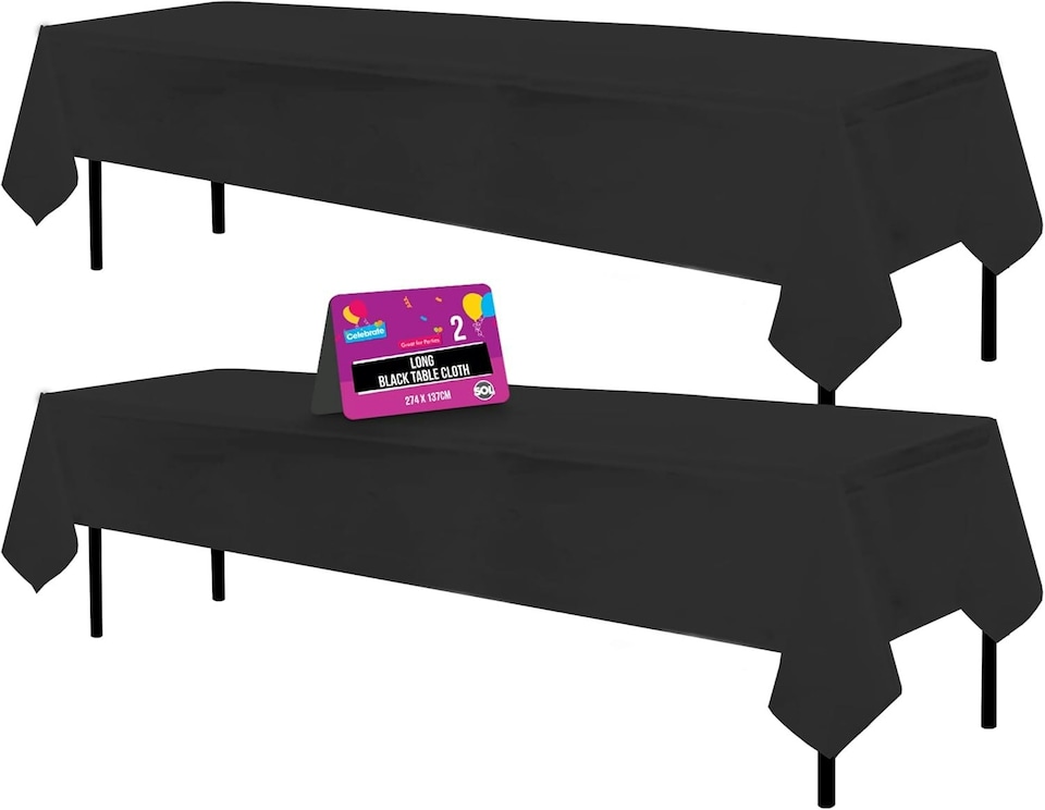 image 1 of SOL 2pk Long Black Table Cloth Party 274x137cm Plastic Cover Tablecloth Black