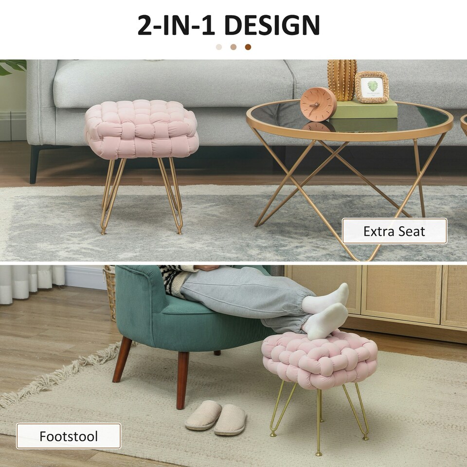 image 1 of HOMCOM Woven Velvet Foot Stool with Steel Legs for Living Room, Pink