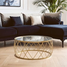 Interiors by Premier Luxurious Gold Coffee Table, Gold Metal and Glass Coffee Table, Geometric Metal Base Modern Coffee Table Gold