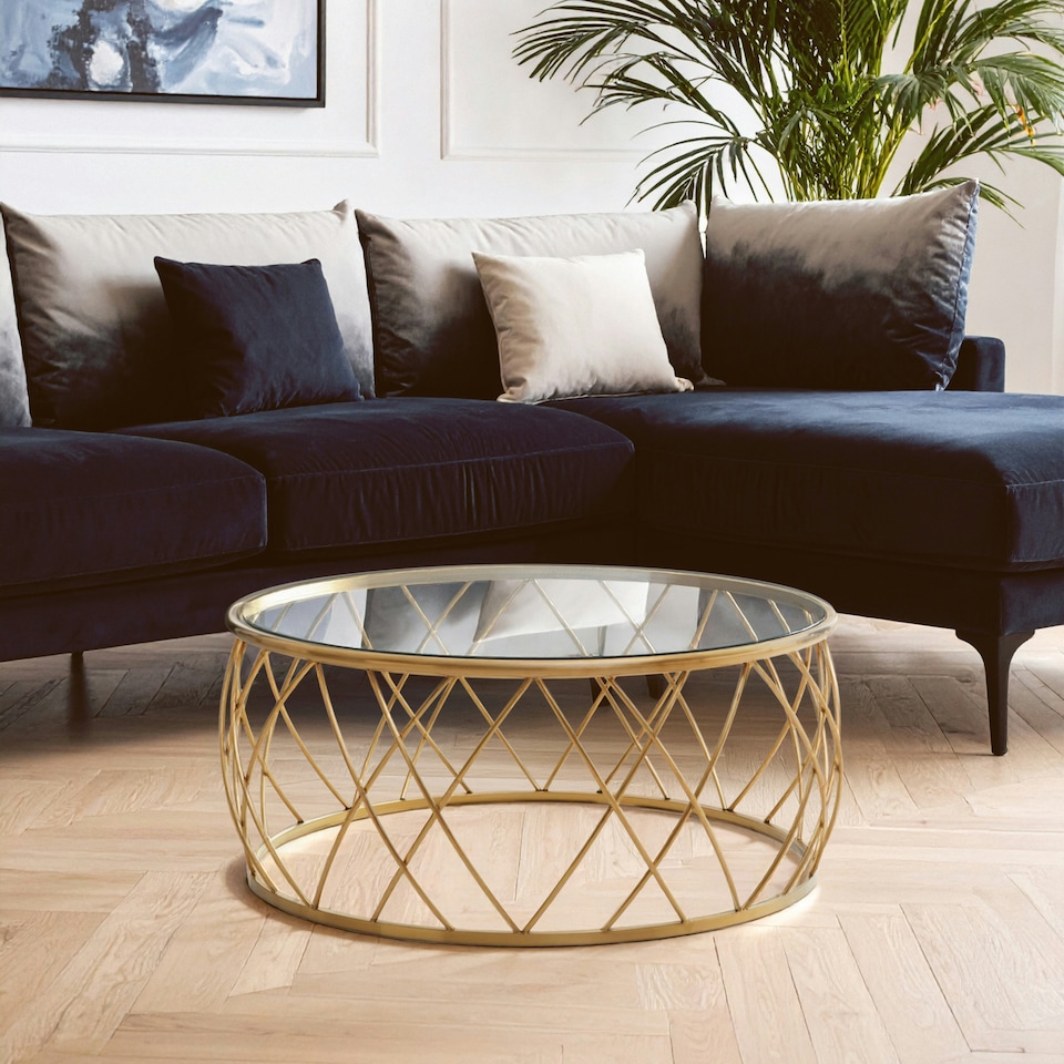 image 1 of Interiors by Premier Luxurious Gold Coffee Table, Gold Metal and Glass Coffee Table, Geometric Metal Base Modern Coffee Table Gold