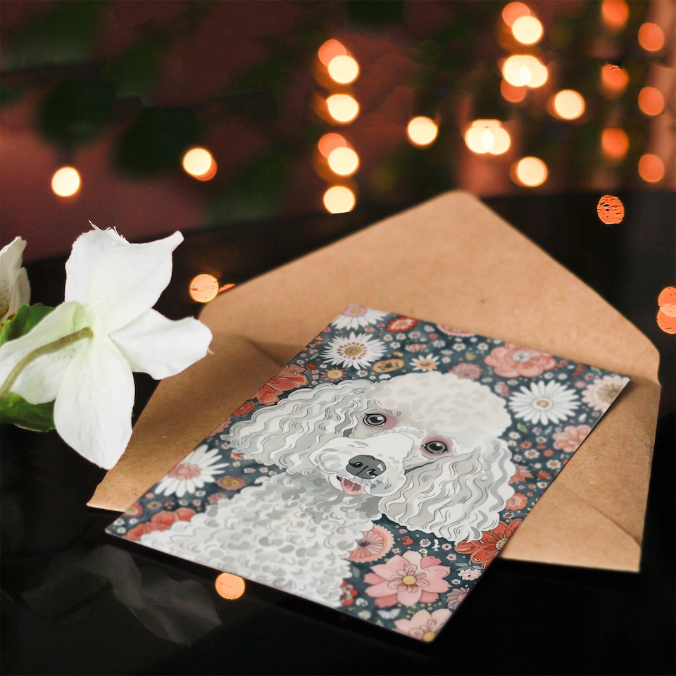 image 1 of Greeting Card Quirky Poodle Dog Lover Floral Pet Portrait Birthday