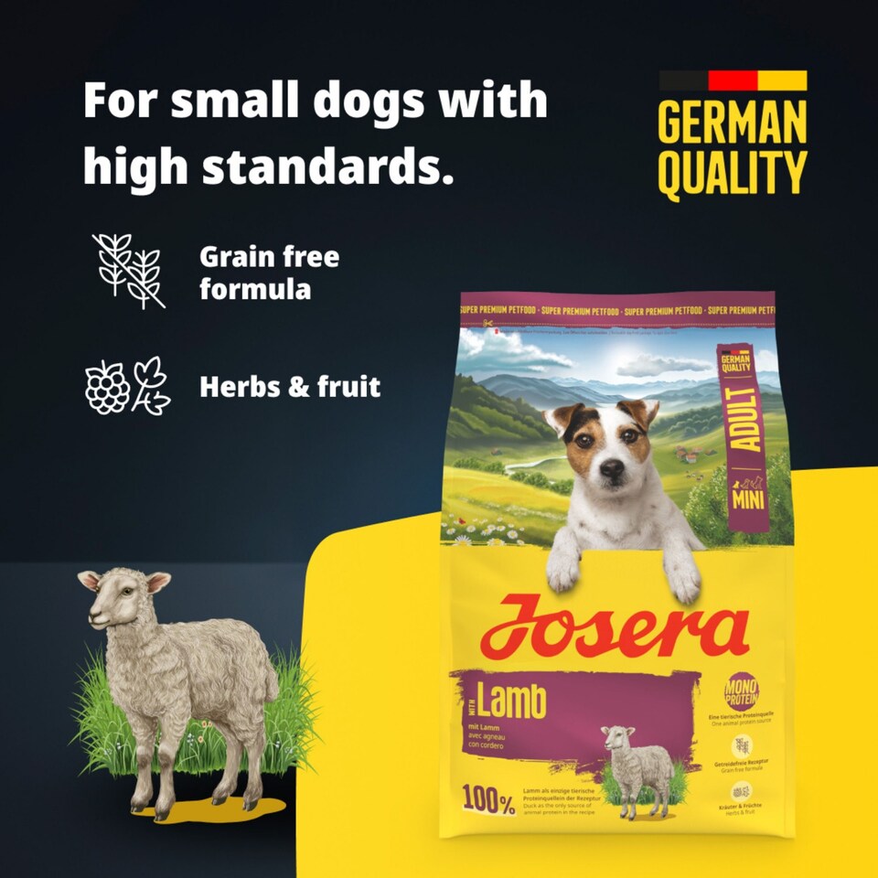 image 1 of Josera Mini Adult Lamb | Single meat protein | Grain free | Complete dry food for toy & small breeds | Gluten free | Herbs & Fruits | 5x0.9kg