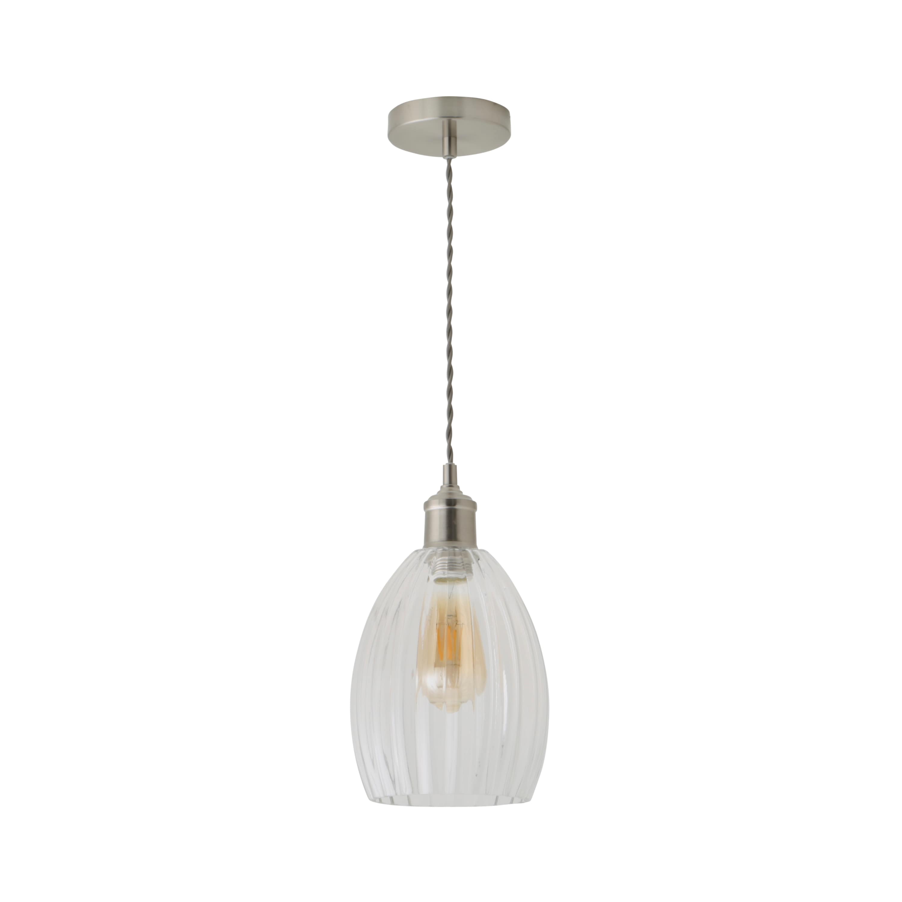 ValueLights Cheltenham Clear Ribbed Glass Dome Pendant Ceiling Light with Bulb in Silver