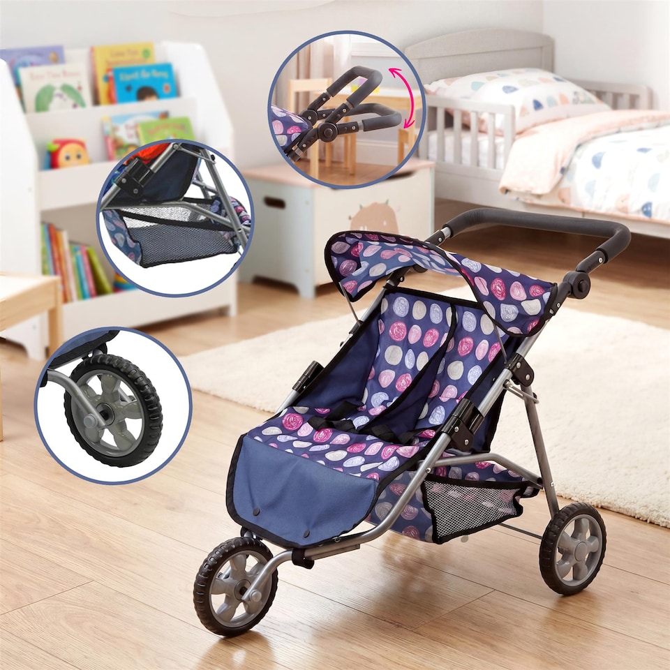 image 1 of BiBi Doll 3 Wheeler Twin Dolls Blue Pushchair Toy with Canopy & Basket For Up To 20" Dolls