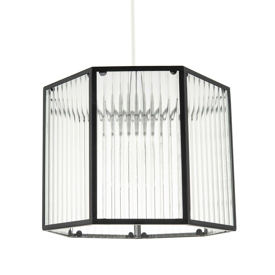 image 1 of Vintage Industrial Lantern Pendant Shade in Black with Ribbed Glass Black