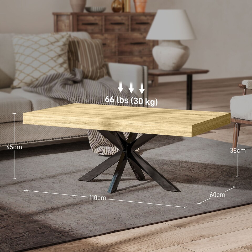 image 1 of HOMCOM Industrial Coffee Table, Rectangular Centre Table with Crossed Steel Frame for Living Room, Tea Table, 110 x 60 x 45cm, Natural Wood Finish | Yellow