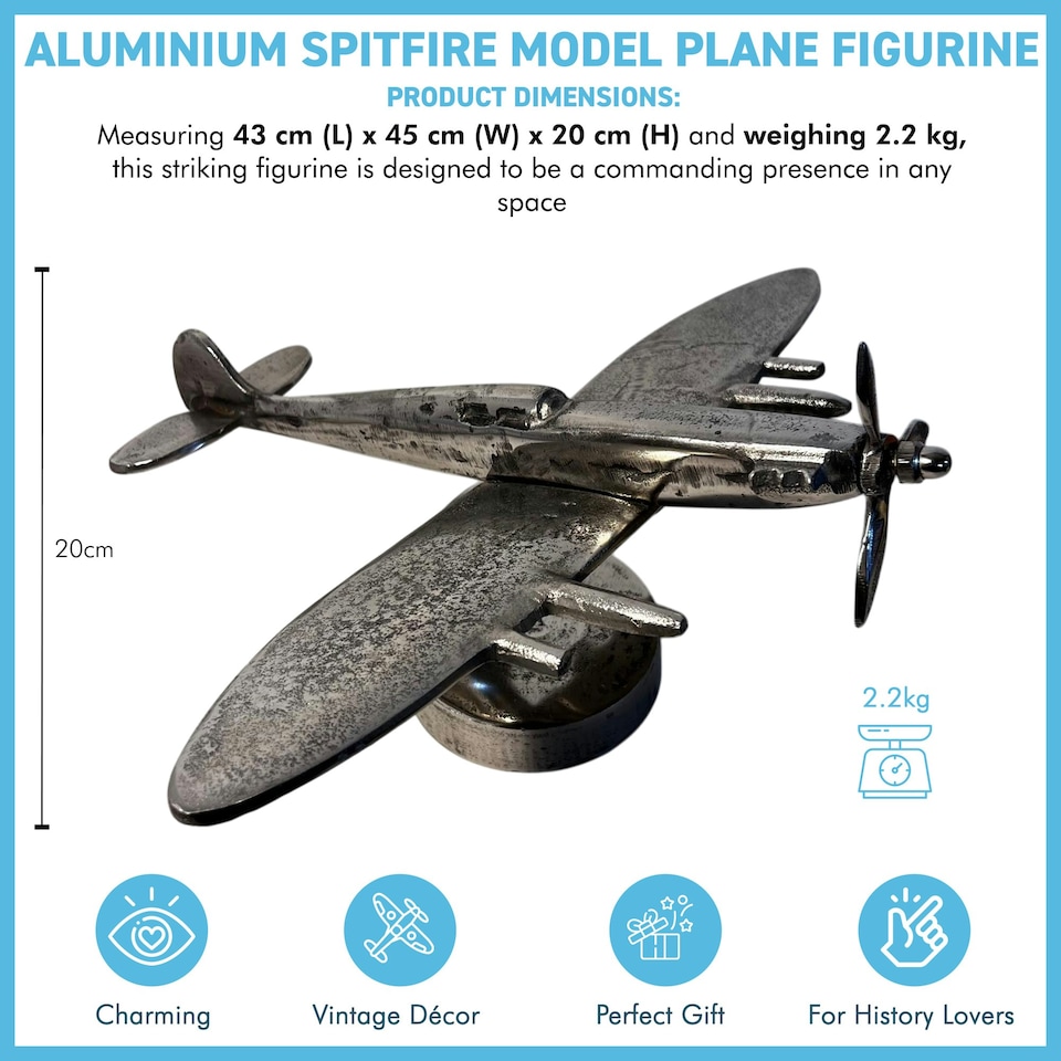 image 1 of Cast Aluminium Spitfire Model Plane display model on stand with distressed silver finish