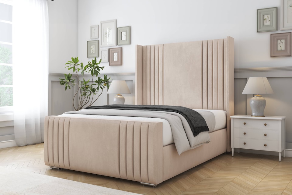 image 1 of Sloomy Camden Sand Naples Bed Frame With Mattress With 50"  Upholstered Wingback Headboard 4' Small Double