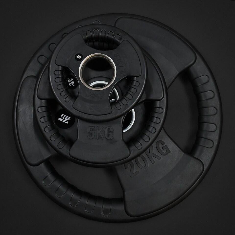 image 1 of GYM SETS Tri Grip Olympic Weight Plates- (2x 25kg (50kg) / With 4ft Barbell + Clips)