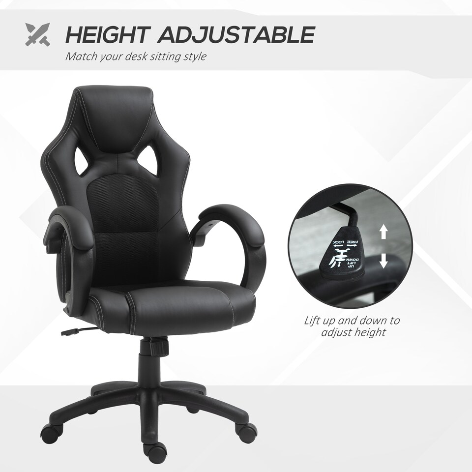 image 1 of Vinsetto Gaming Chair Faux Leather Swivel Computer Racing Gamer Desk Chair for Home Office with Wheels, Black