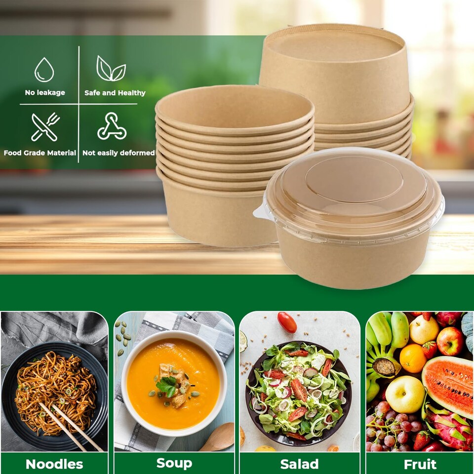 image 1 of ECONX 35oz 1000ml Salad Paper Bowls with Lids Disposable Takeaway Bowls Food Container 50pc