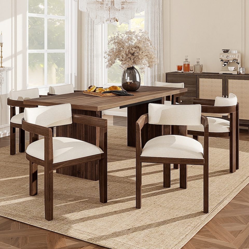 Linen Dining Chairs with Solid Wood Legs, Walnut Wood Colour, Set of 4