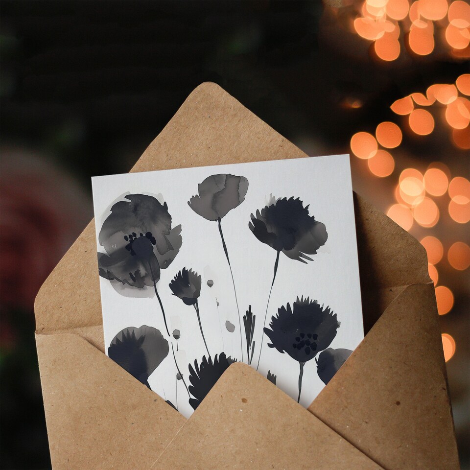 image 1 of Greeting Card Abstract Flowers Black White Floral Watercolour Sympathy