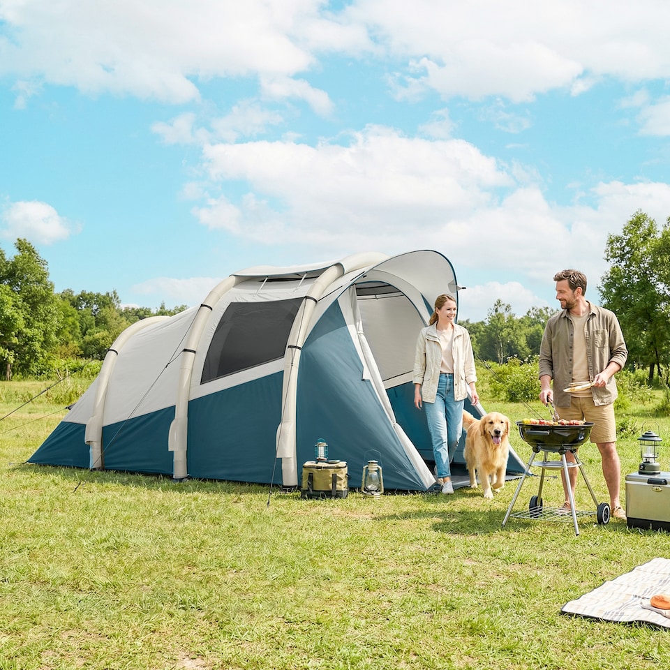 image 1 of Outsunny Inflatable Camping Tent w/ Air Pump, 2-3 Person Blow Up Tent | Green | Green and White | 480 x 280 x 195 cm