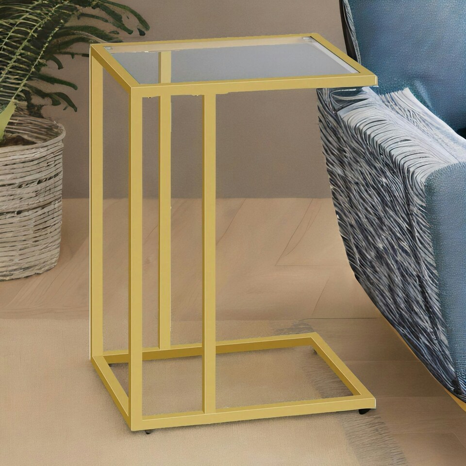 image 1 of Set of 2 Tempered Glass Sofa Side Table Gold