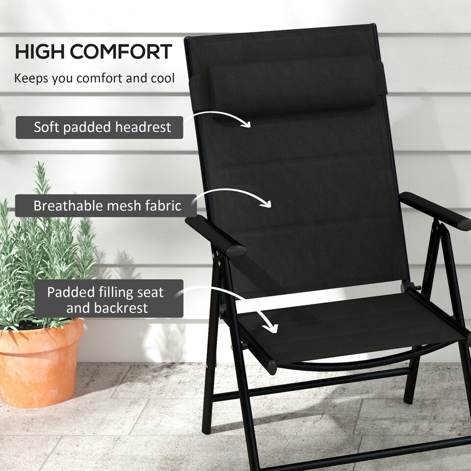 image 1 of Outsunny 2 PCS Outdoor Folding Chairs, Dining Chairs w/ Padded Filling, Black