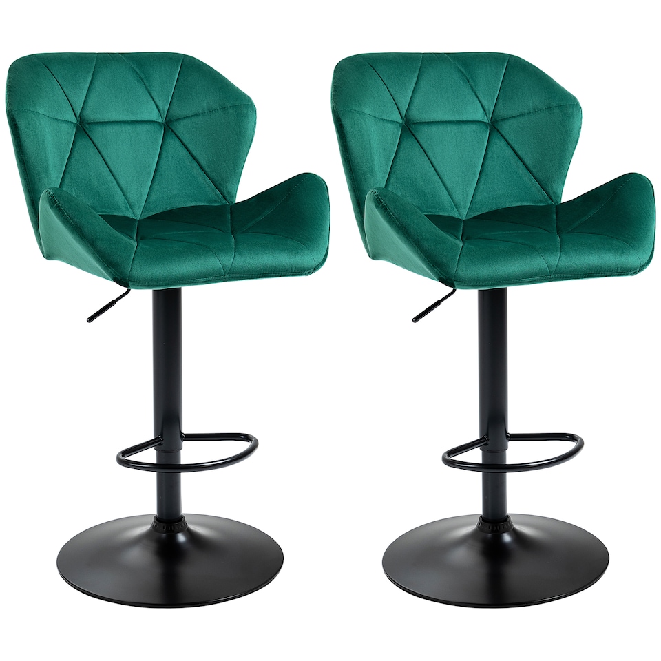 image 1 of HOMCOM Bar Stools Set Of 2, Luxurious Velvet-Touch Barstools with Metal Frame Footrest Round Base Triangle Indenting Moulded Seat Adjustable Height Swivel Green