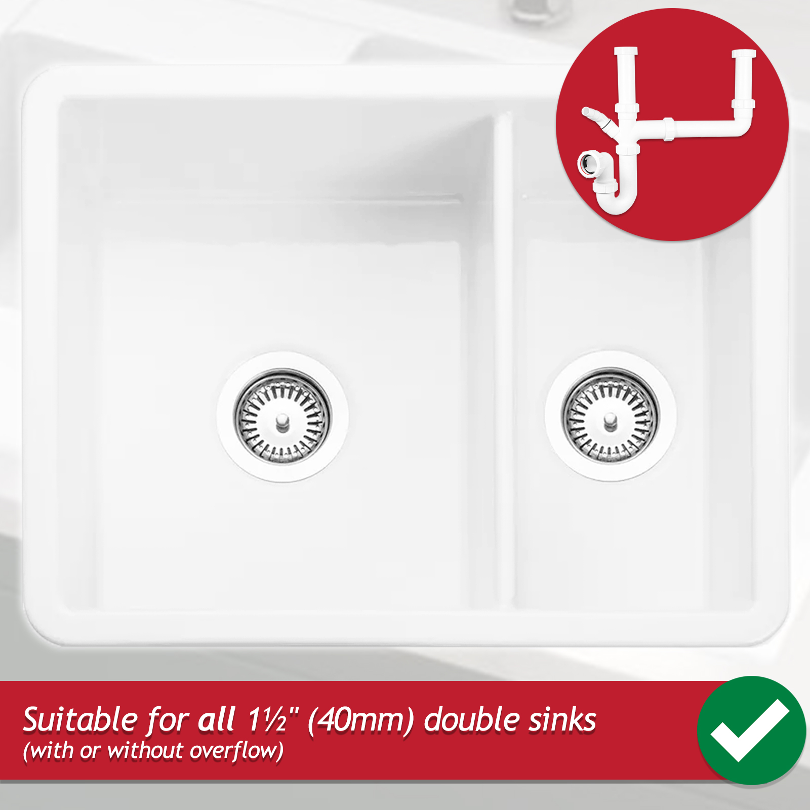 Aniplast Double Kitchen Sink Drain Waste P-Trap Kit - 115mm With Additional Overflow