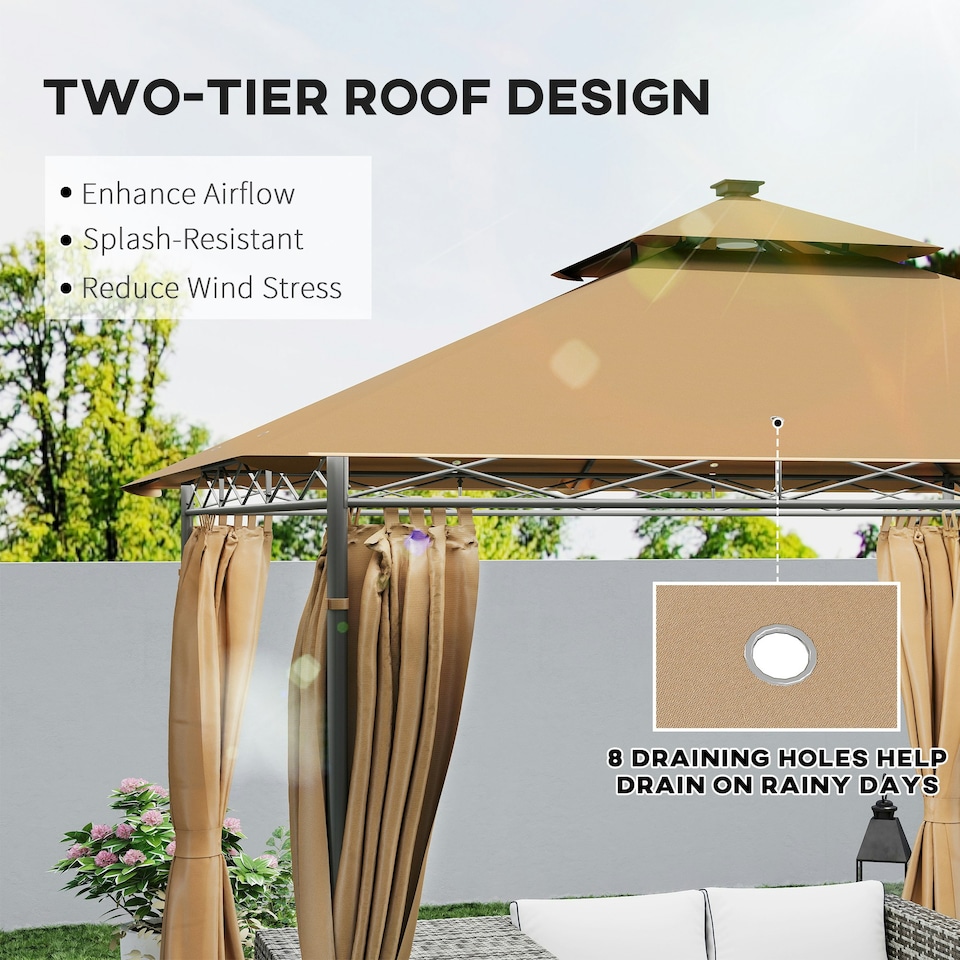 image 1 of Outsunny 3 x 3 m Double Roof Outdoor Gazebo with Curtains, Brown