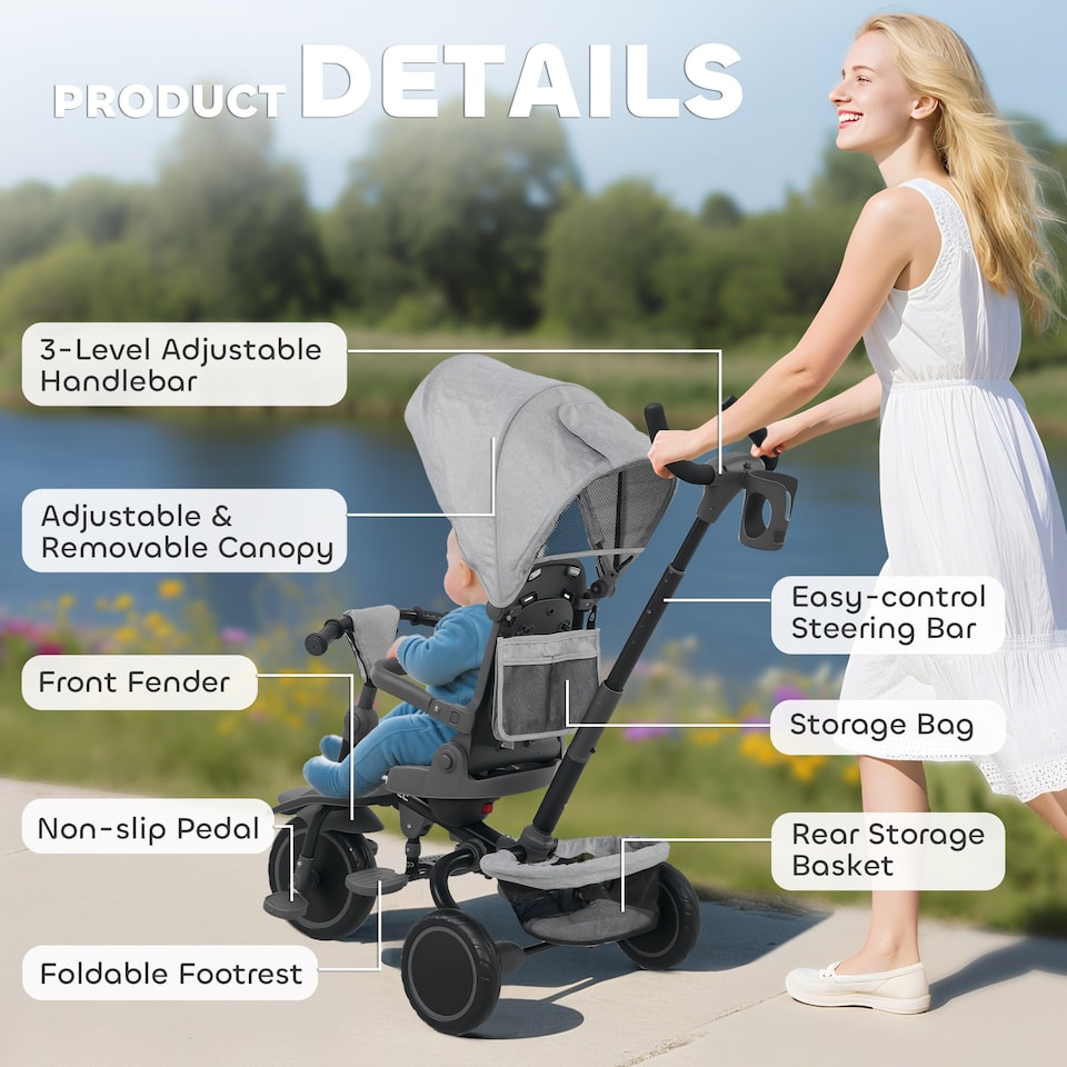 image 1 of AIYAPLAY Kids Trike, Toddler Tricycle 6 in 1 Foldable Baby Trike with Adjustable Parent Handle & Canopy, Convertible Seat, 5-Point Harness, Storage Basket & Bag for Ages 1-5 Years, Grey