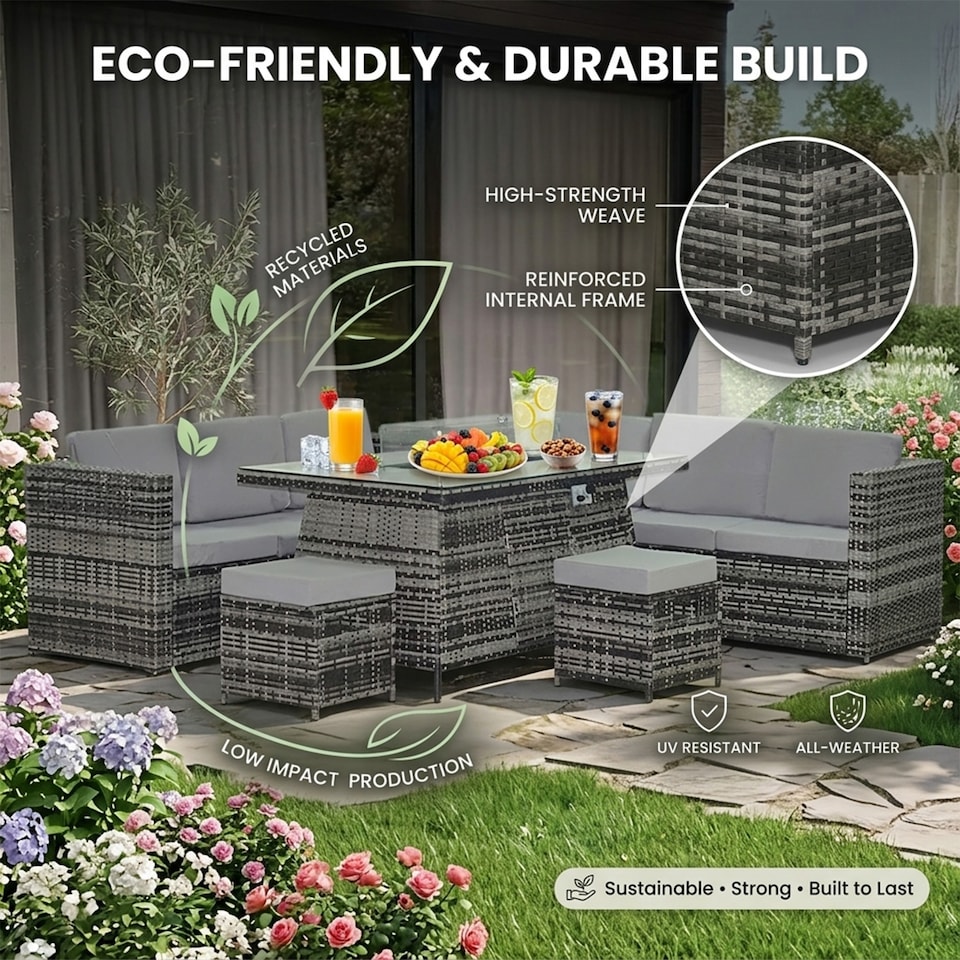 image 1 of Alivio 8-Seater Rattan Garden Furniture Set, Luxury PE Rattan Sofa with Gas Fire Pit Table & Cushions | Grey
