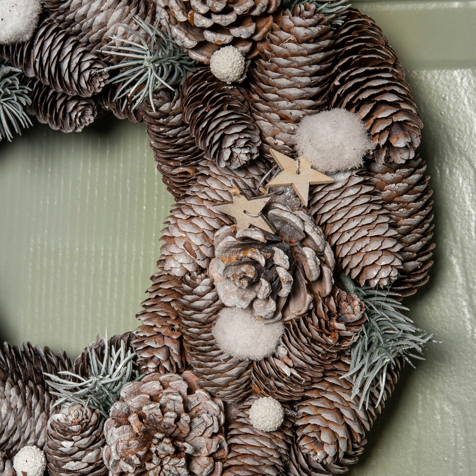 image 1 of 36cm Frosted Hanging Christmas Wreath with Pine Cones & Wooden Stars